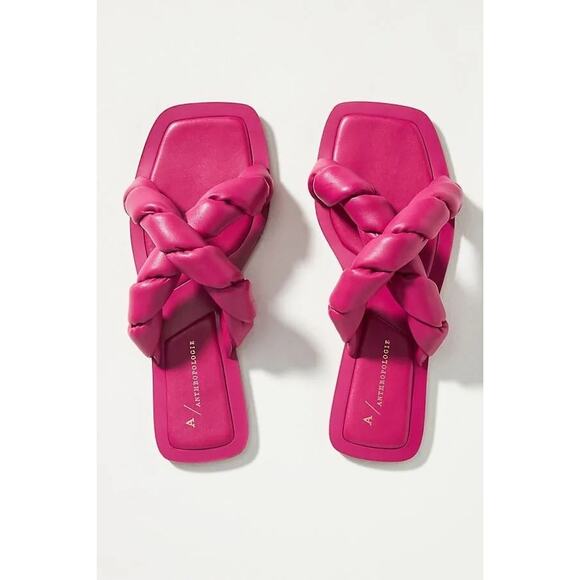 Anthropologie Pink Twisted Puffed Leather Flat Square Toe Slide Sandals - Picture 4 of 4